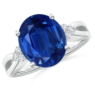 12x10mm AAA Solitaire Oval Blue Sapphire Split Shank Ring with Trio Diamonds in P950 Platinum
