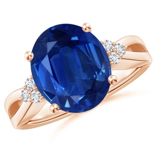 12x10mm AAA Solitaire Oval Blue Sapphire Split Shank Ring with Trio Diamonds in Rose Gold