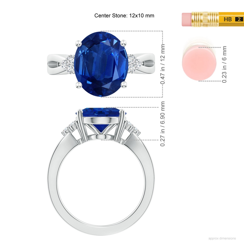 12x10mm AAA Solitaire Oval Blue Sapphire Split Shank Ring with Trio Diamonds in S999 Silver ruler