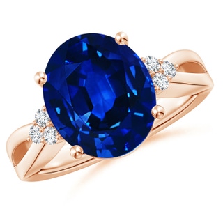 12x10mm Lab-Grown Solitaire Oval Blue Sapphire Split Shank Ring with Trio Diamonds in 18K Rose Gold