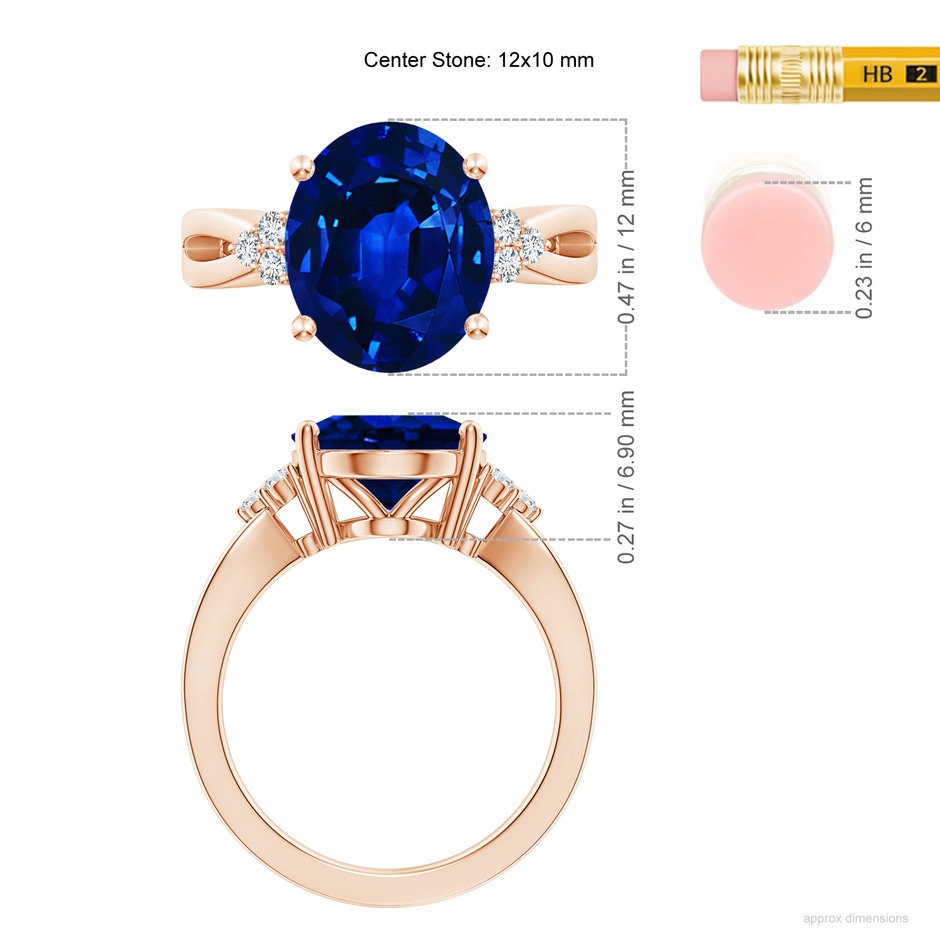 12x10mm AAAA Solitaire Oval Blue Sapphire Split Shank Ring with Trio Diamonds in 18K Rose Gold ruler