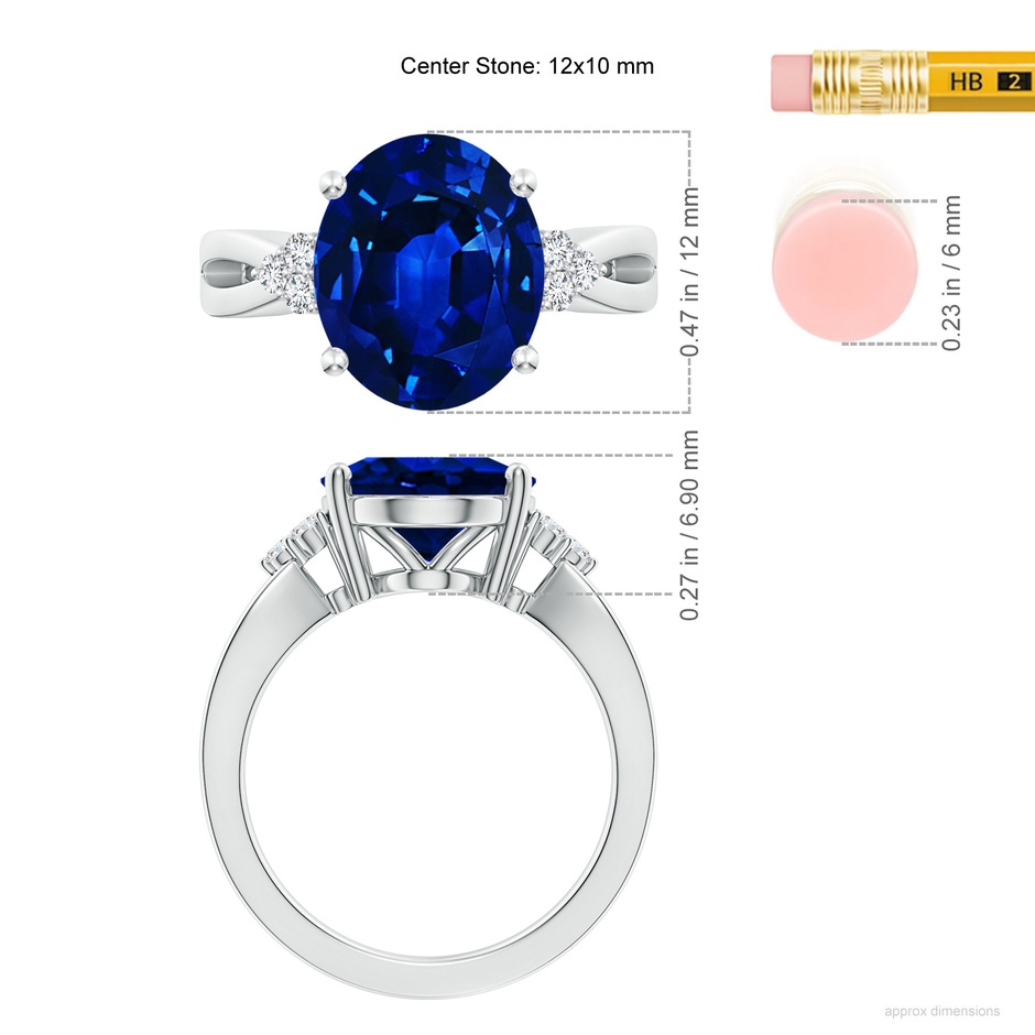 12x10mm Lab-Grown Solitaire Oval Blue Sapphire Split Shank Ring with Trio Diamonds in 18K White Gold ruler