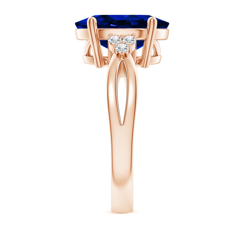 12x10mm Lab-Grown Solitaire Oval Blue Sapphire Split Shank Ring with Trio Diamonds in Rose Gold side 299