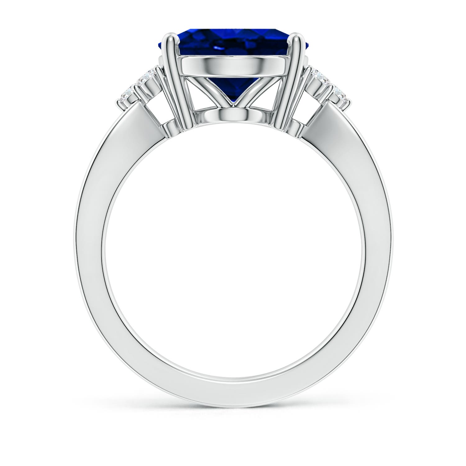 12x10mm AAAA Solitaire Oval Blue Sapphire Split Shank Ring with Trio Diamonds in White Gold