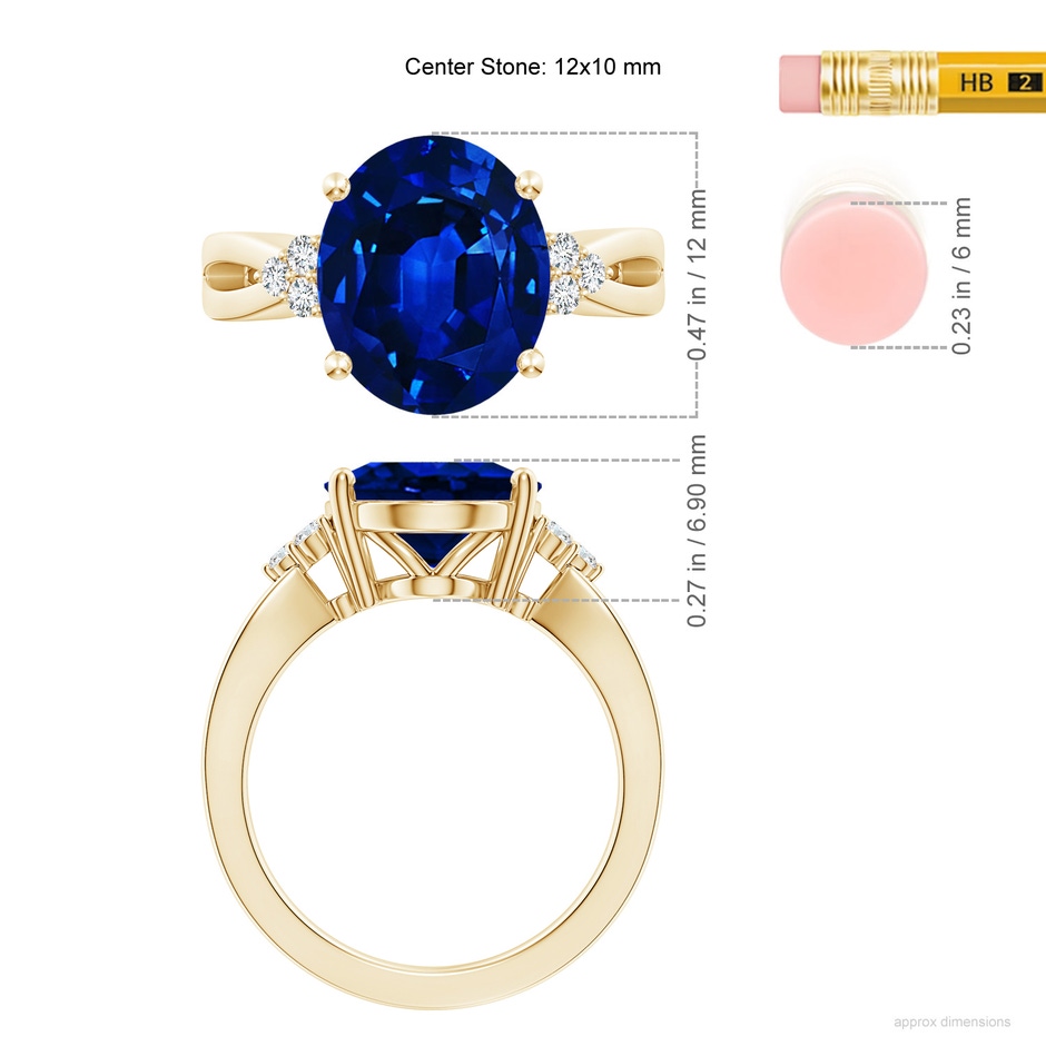 12x10mm Lab-Grown Solitaire Oval Blue Sapphire Split Shank Ring with Trio Diamonds in Yellow Gold ruler