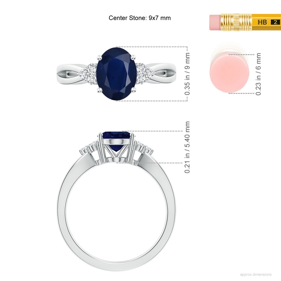 9x7mm A Solitaire Oval Blue Sapphire Split Shank Ring with Trio Diamonds in White Gold ruler
