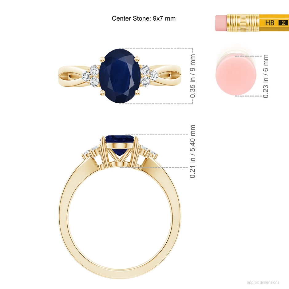 9x7mm A Solitaire Oval Blue Sapphire Split Shank Ring with Trio Diamonds in Yellow Gold ruler