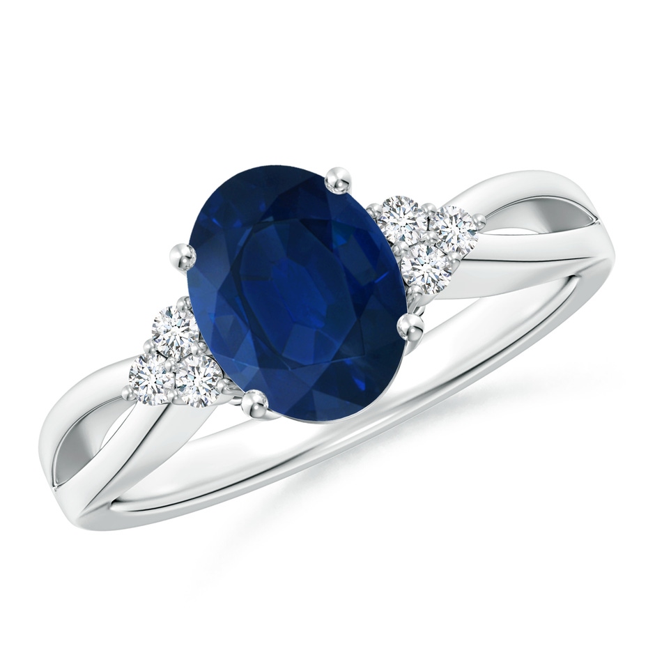 9x7mm AA Solitaire Oval Blue Sapphire Split Shank Ring with Trio Diamonds in P950 Platinum 