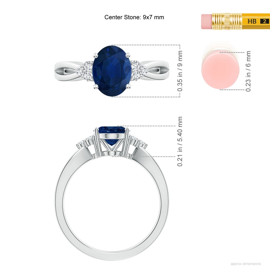 9x7mm AA Solitaire Oval Blue Sapphire Split Shank Ring with Trio Diamonds in P950 Platinum ruler