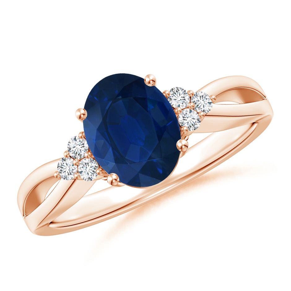 9x7mm AA Solitaire Oval Blue Sapphire Split Shank Ring with Trio Diamonds in Rose Gold 