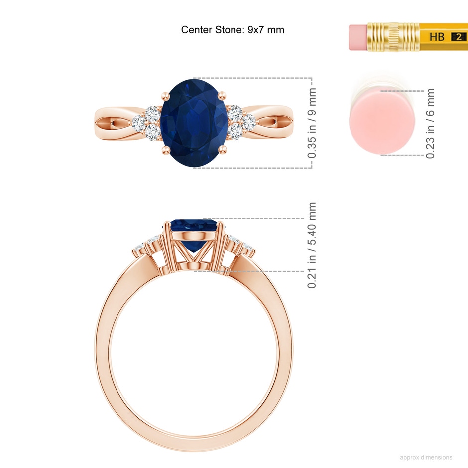 9x7mm AA Solitaire Oval Blue Sapphire Split Shank Ring with Trio Diamonds in Rose Gold ruler