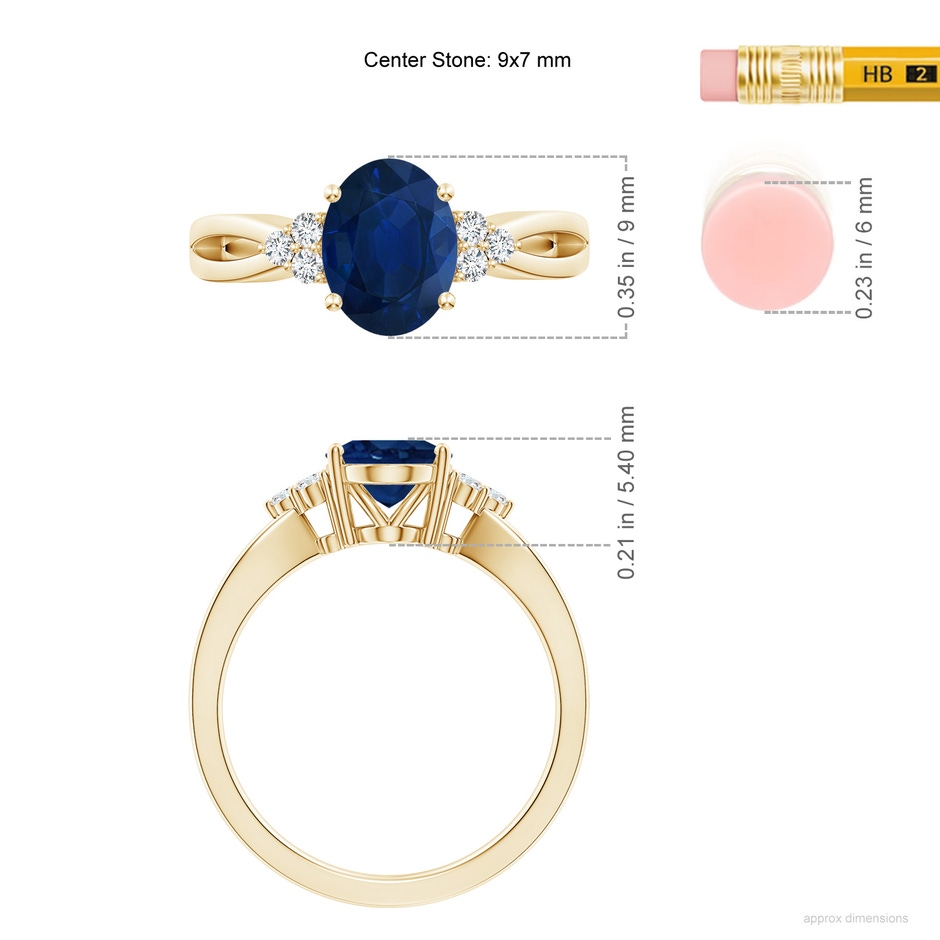 9x7mm AA Solitaire Oval Blue Sapphire Split Shank Ring with Trio Diamonds in Yellow Gold ruler