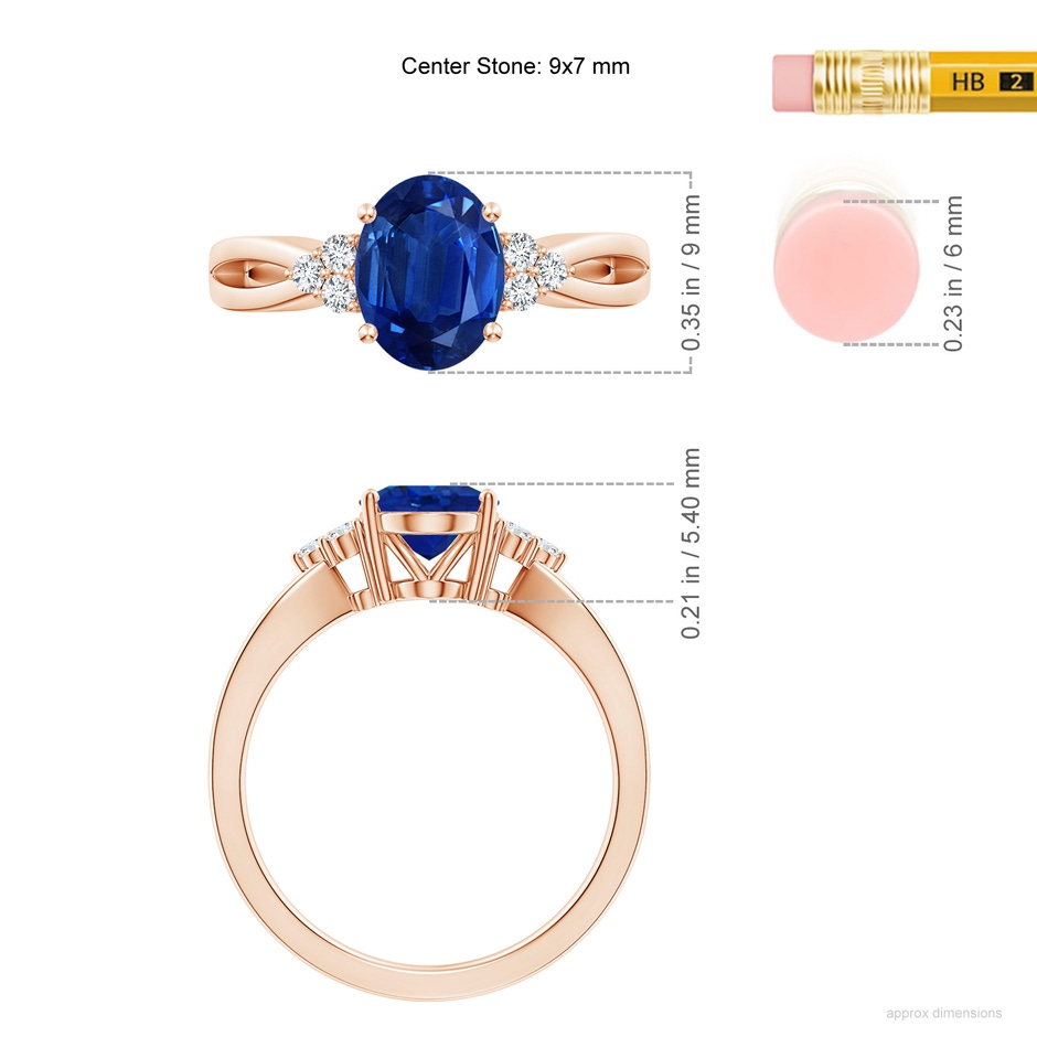 9x7mm AAA Solitaire Oval Blue Sapphire Split Shank Ring with Trio Diamonds in Rose Gold ruler