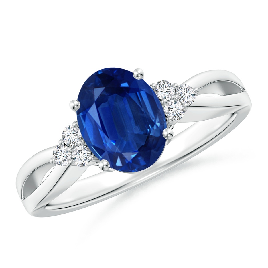 9x7mm AAA Solitaire Oval Blue Sapphire Split Shank Ring with Trio Diamonds in White Gold 