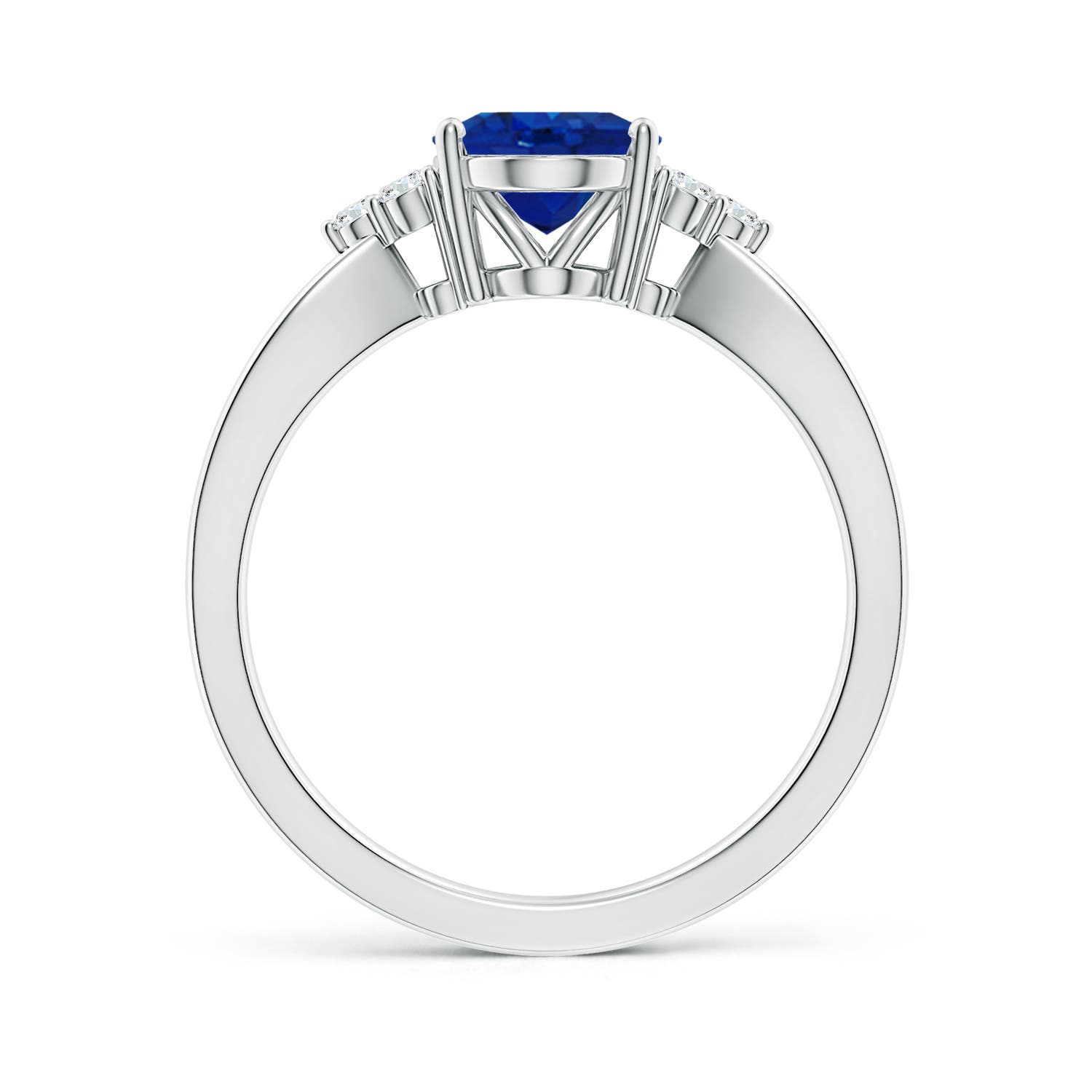 9x7mm AAA Solitaire Oval Blue Sapphire Split Shank Ring with Trio Diamonds in White Gold - side 3