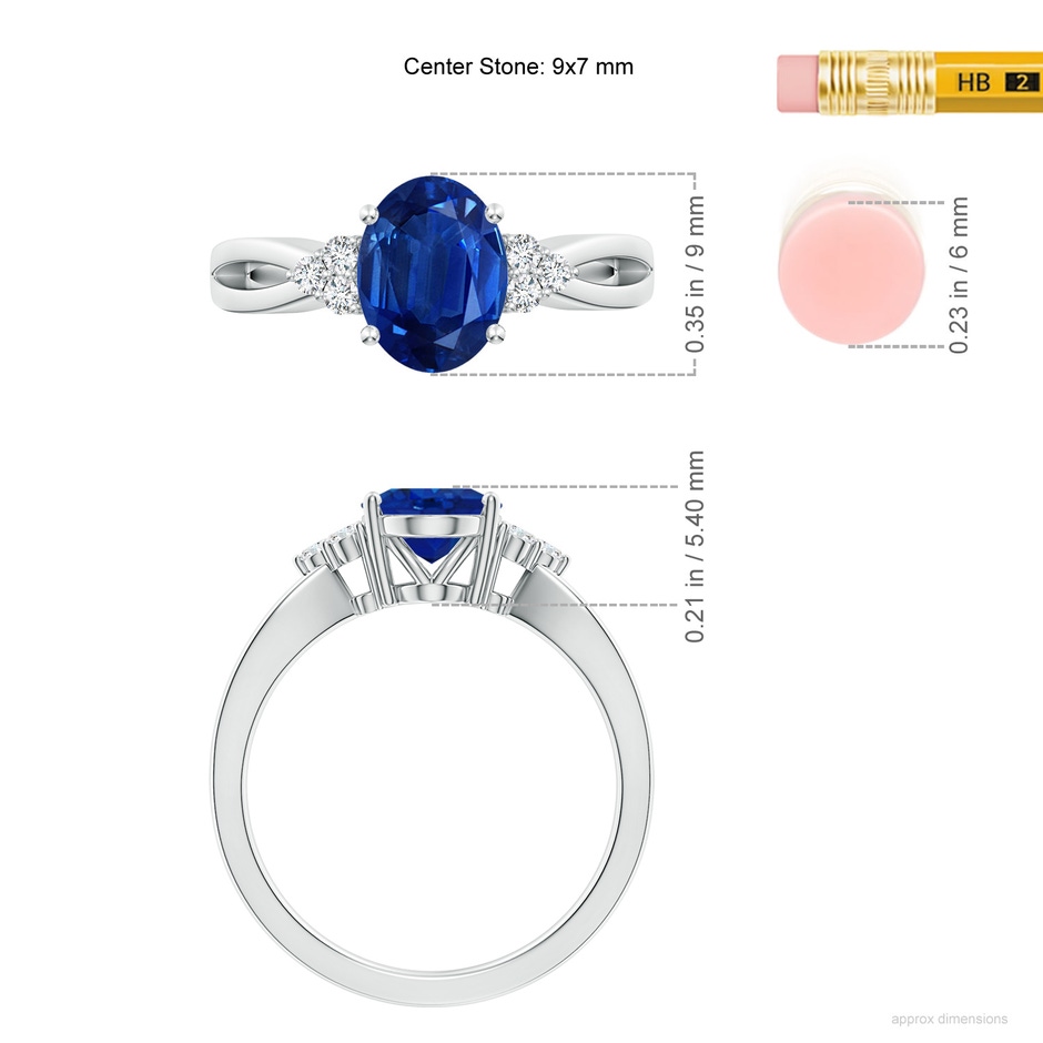 9x7mm AAA Solitaire Oval Blue Sapphire Split Shank Ring with Trio Diamonds in White Gold ruler