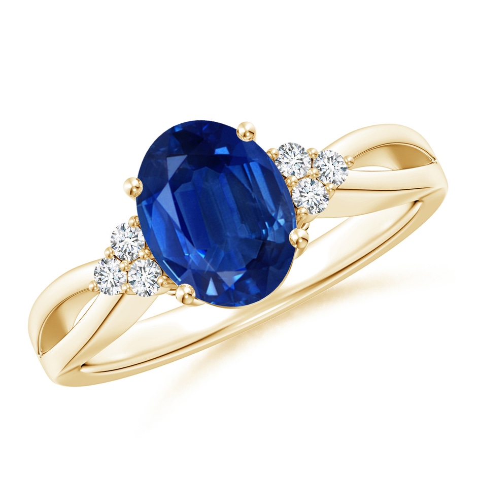 9x7mm AAA Solitaire Oval Blue Sapphire Split Shank Ring with Trio Diamonds in Yellow Gold 