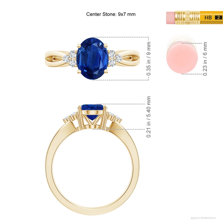 9x7mm AAA Solitaire Oval Blue Sapphire Split Shank Ring with Trio Diamonds in Yellow Gold ruler