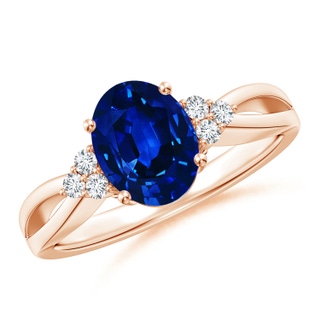 9x7mm AAAA Solitaire Oval Blue Sapphire Split Shank Ring with Trio Diamonds in 18K Rose Gold