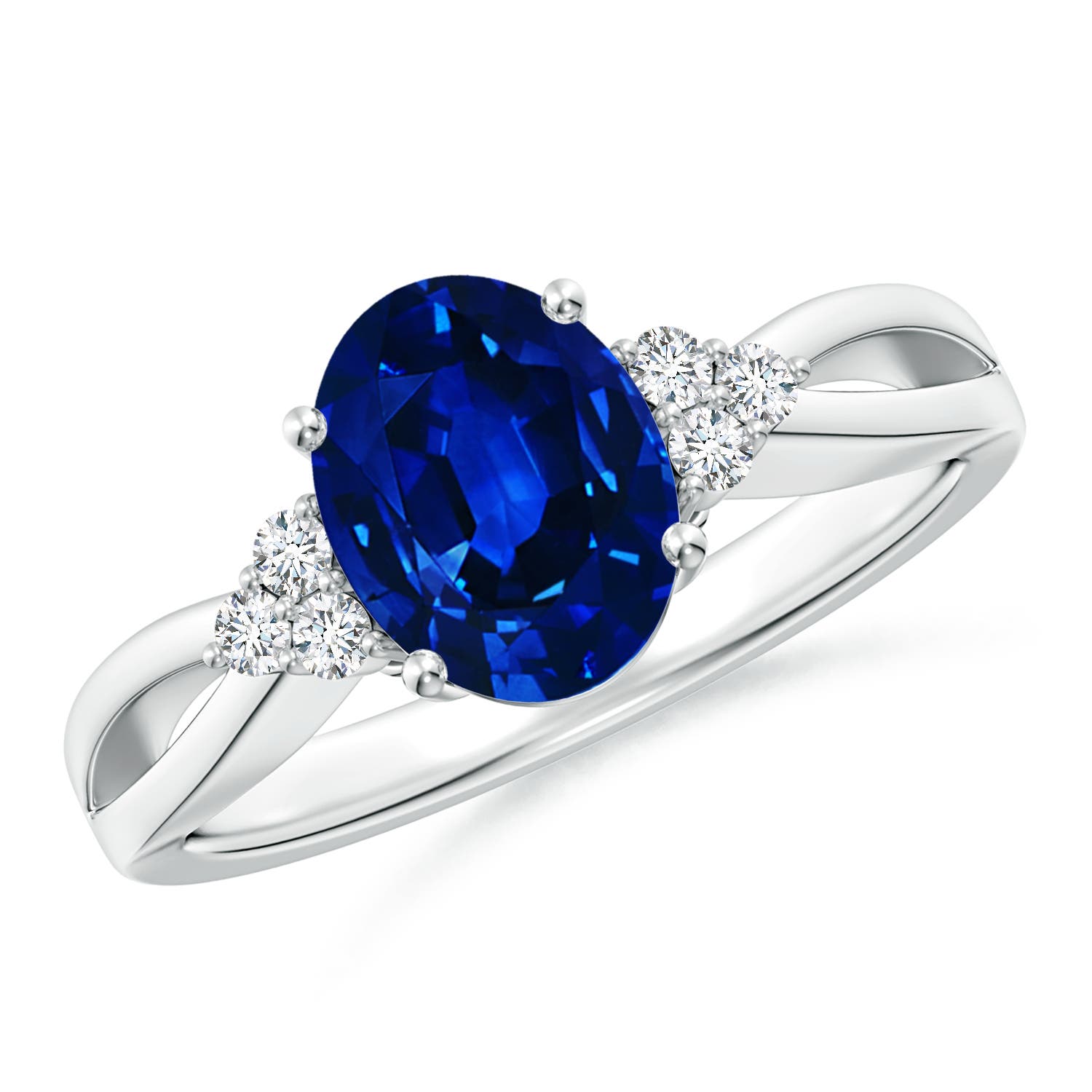 9x7mm AAAA Solitaire Oval Blue Sapphire Split Shank Ring with Trio Diamonds in 18K White Gold