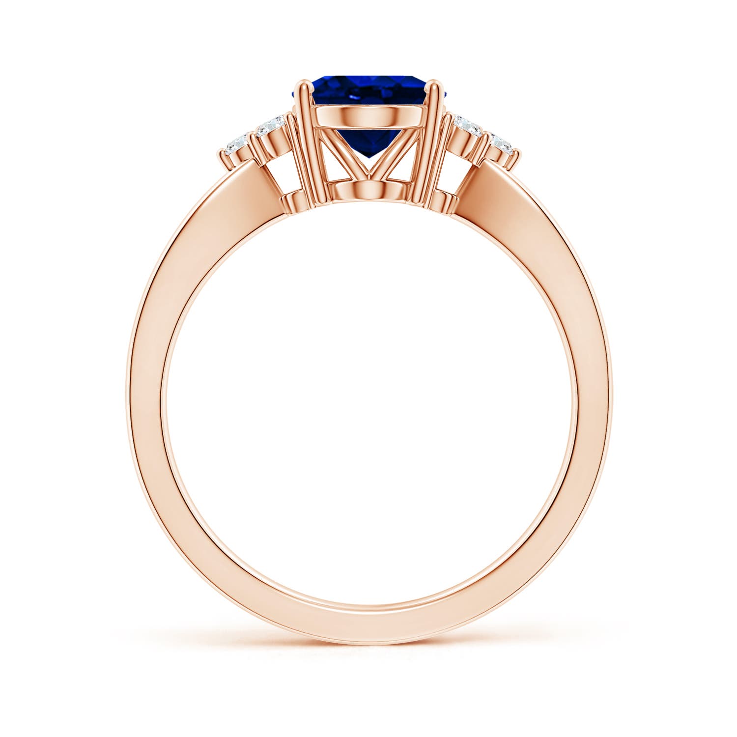 9x7mm AAAA Solitaire Oval Blue Sapphire Split Shank Ring with Trio Diamonds in Rose Gold