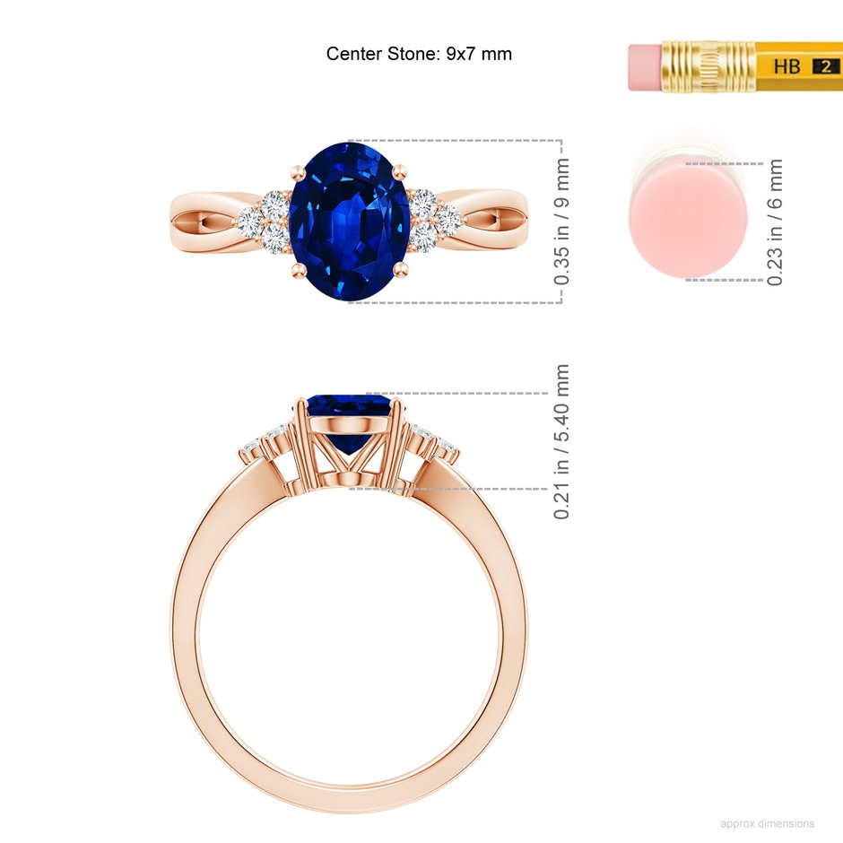 9x7mm AAAA Solitaire Oval Blue Sapphire Split Shank Ring with Trio Diamonds in Rose Gold ruler