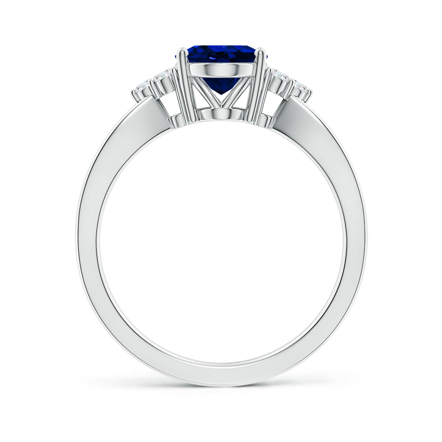 9x7mm AAAA Solitaire Oval Blue Sapphire Split Shank Ring with Trio Diamonds in White Gold - side 3