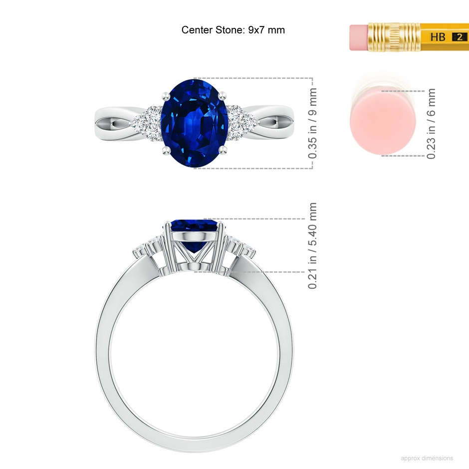 9x7mm AAAA Solitaire Oval Blue Sapphire Split Shank Ring with Trio Diamonds in White Gold ruler