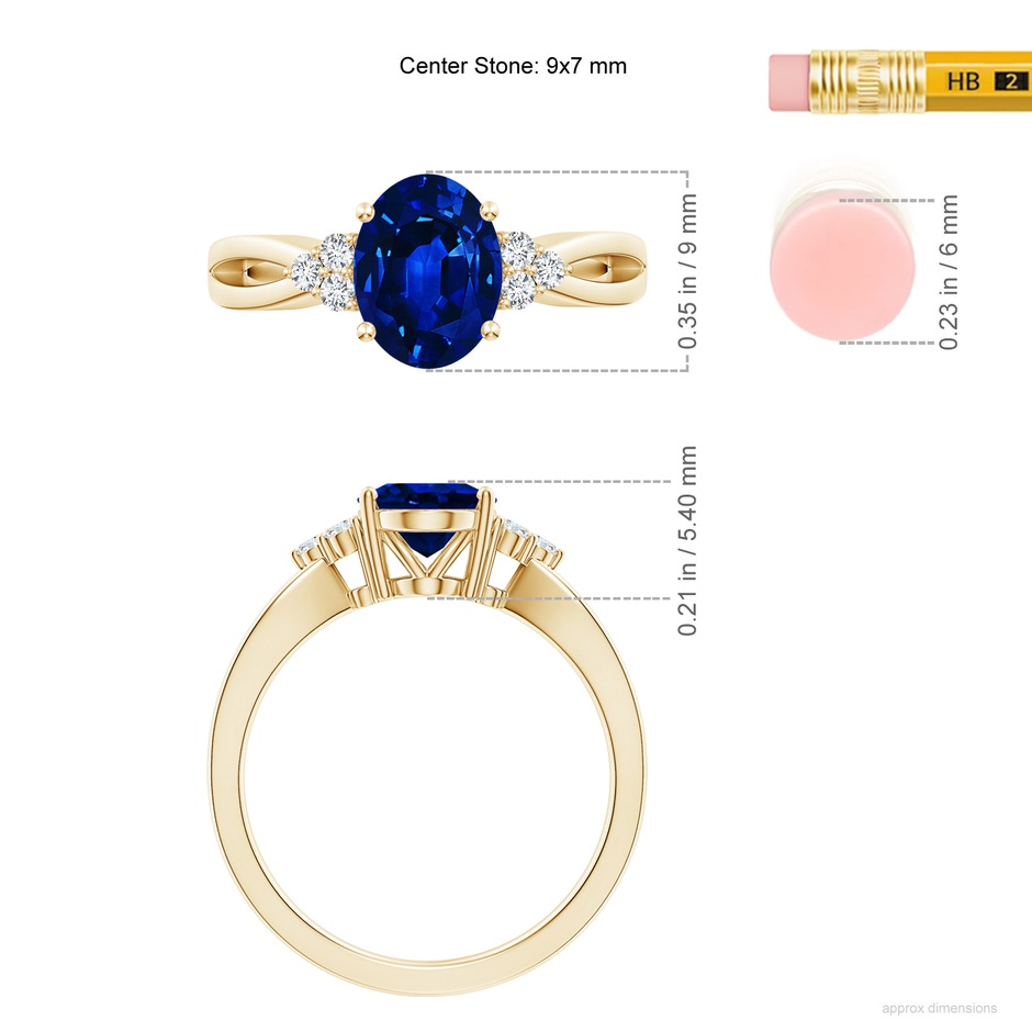 9x7mm AAAA Solitaire Oval Blue Sapphire Split Shank Ring with Trio Diamonds in Yellow Gold ruler
