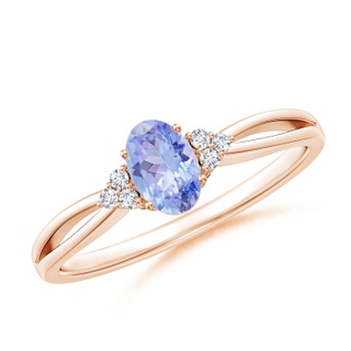 6x4mm AA Oval Tanzanite Split Shank Ring with Trio Diamonds in Rose Gold