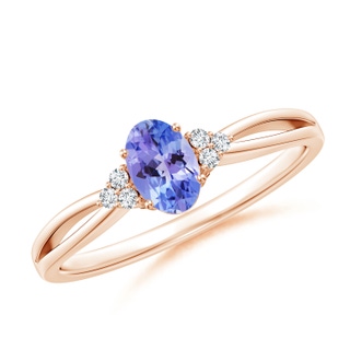 6x4mm AAA Oval Tanzanite Split Shank Ring with Trio Diamonds in 9K Rose Gold