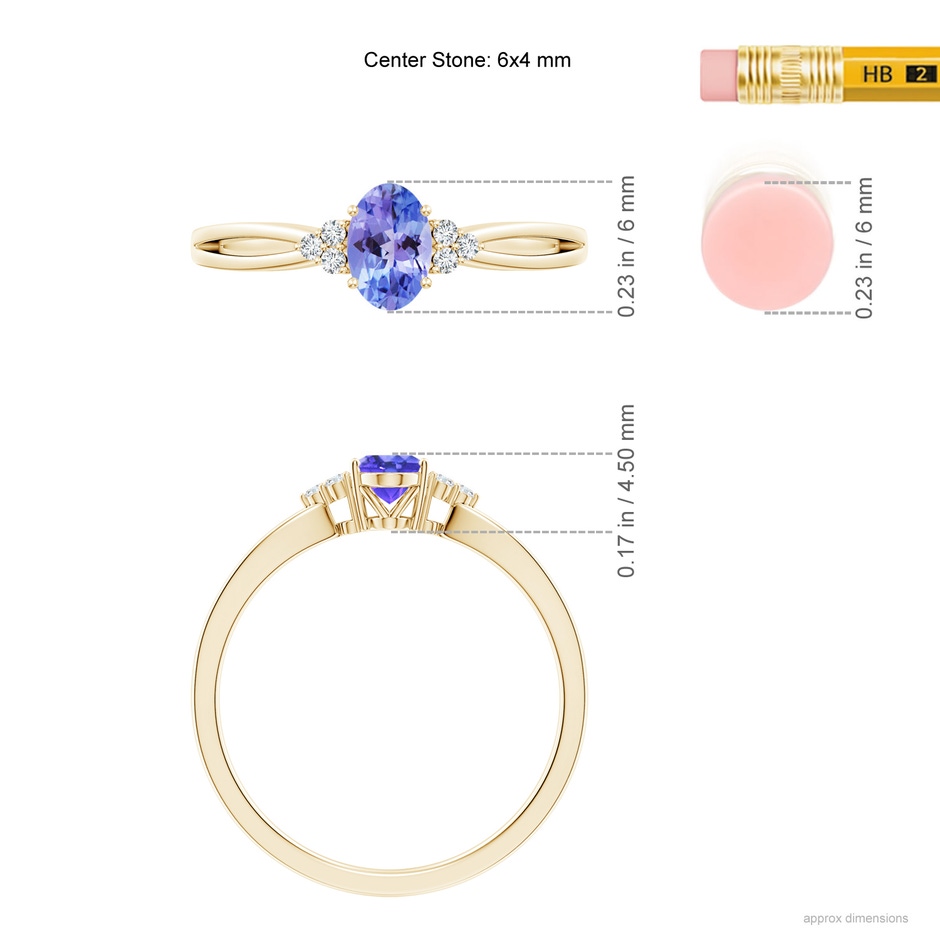 6x4mm AAA Oval Tanzanite Split Shank Ring with Trio Diamonds in Yellow Gold ruler
