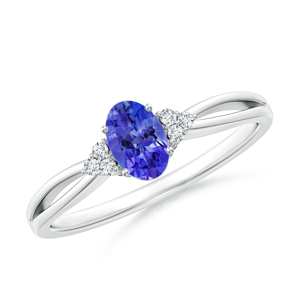 6x4mm AAAA Oval Tanzanite Split Shank Ring with Trio Diamonds in P950 Platinum