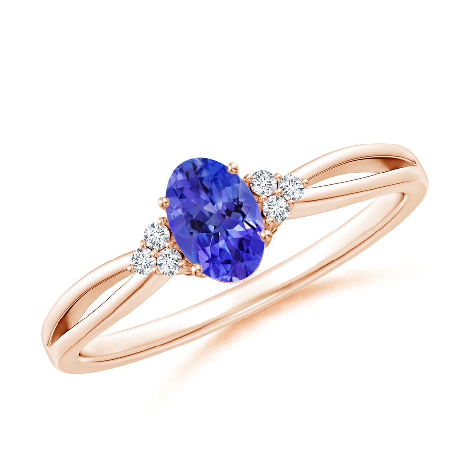 6x4mm AAAA Oval Tanzanite Split Shank Ring with Trio Diamonds in Rose Gold 