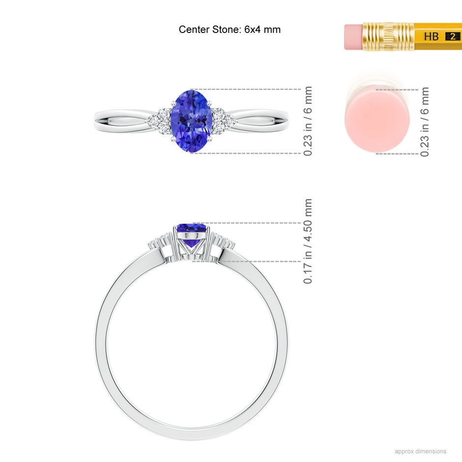 6x4mm AAAA Oval Tanzanite Split Shank Ring with Trio Diamonds in White Gold ruler