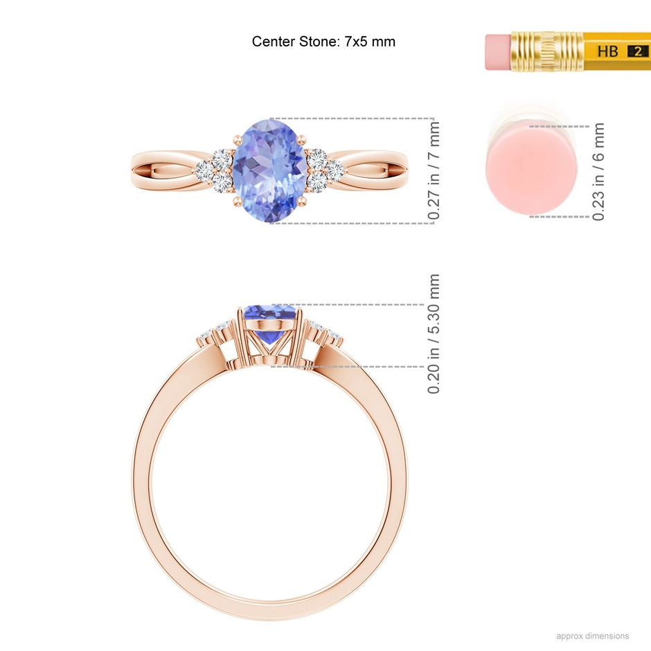 7x5mm A Oval Tanzanite Split Shank Ring with Trio Diamonds in Rose Gold ruler