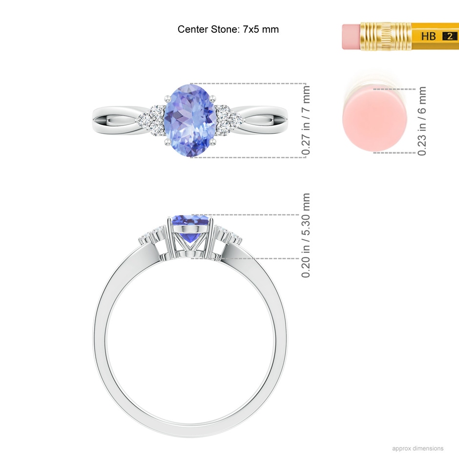 7x5mm A Oval Tanzanite Split Shank Ring with Trio Diamonds in White Gold ruler