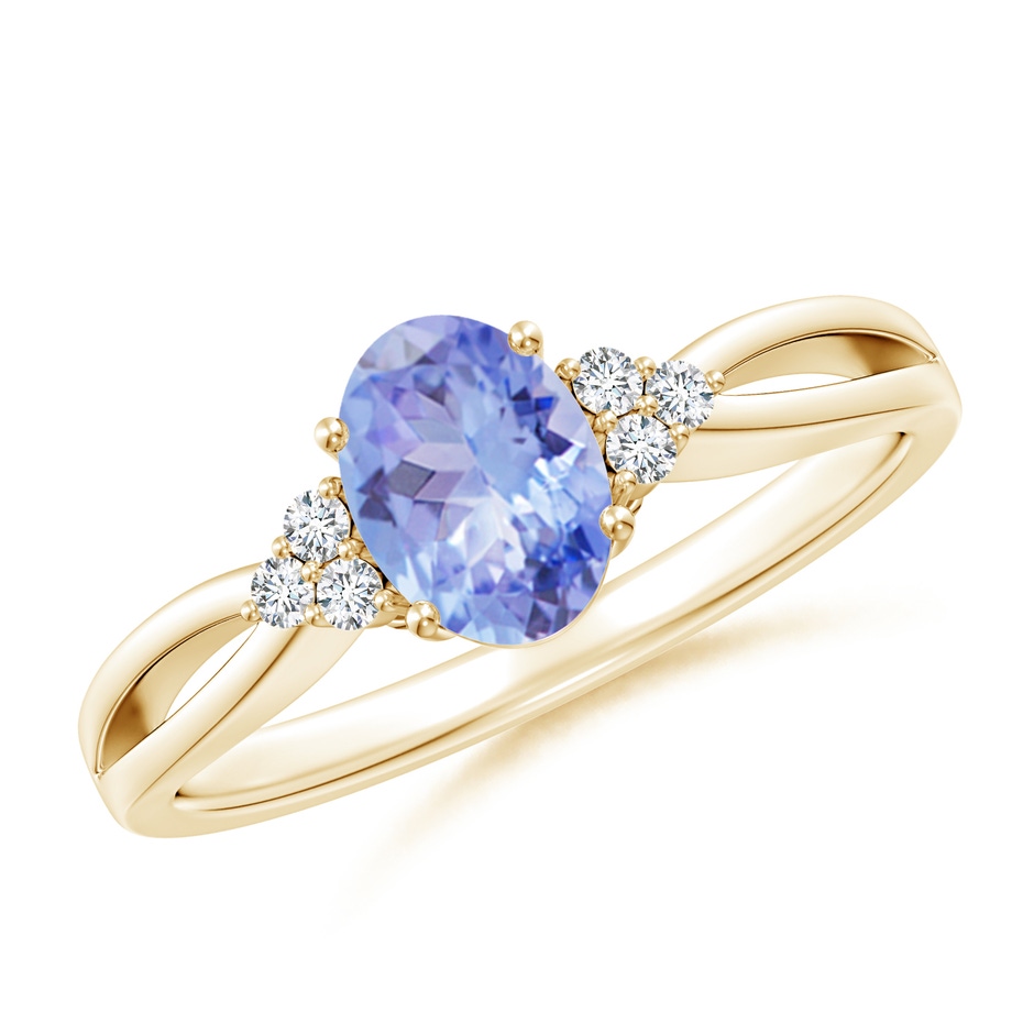 7x5mm A Oval Tanzanite Split Shank Ring with Trio Diamonds in Yellow Gold 