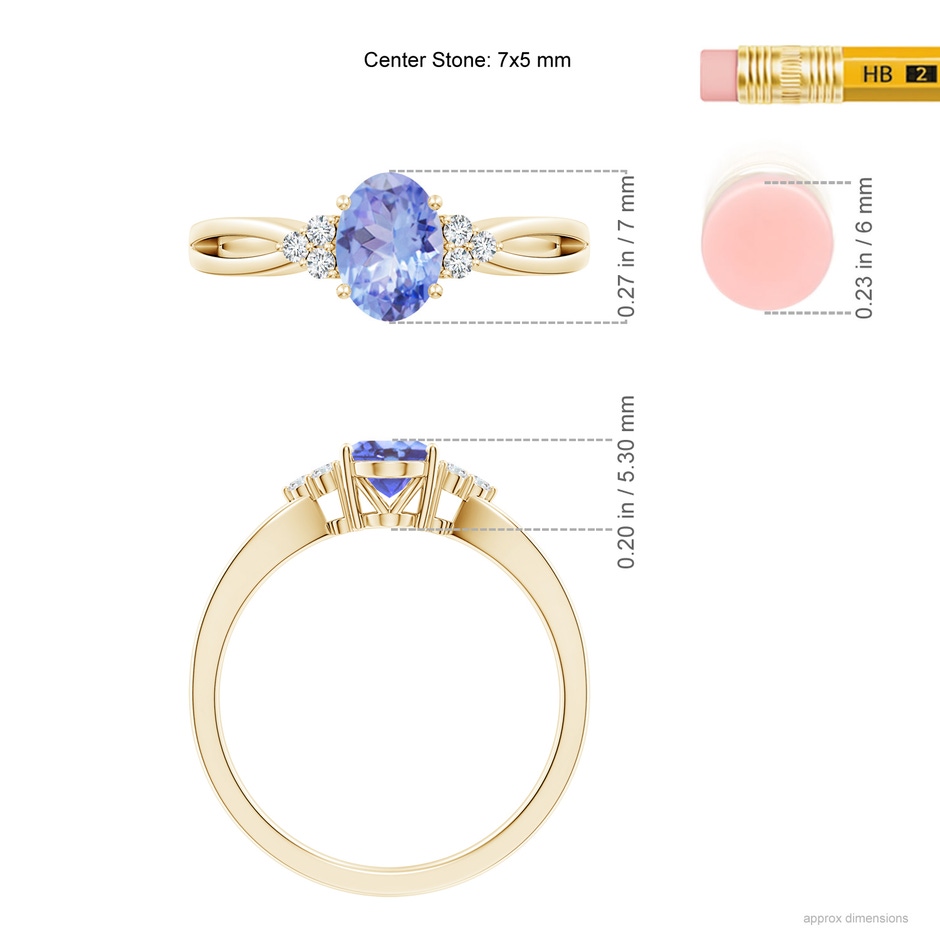 7x5mm A Oval Tanzanite Split Shank Ring with Trio Diamonds in Yellow Gold ruler