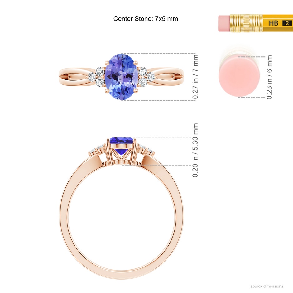 7x5mm AA Oval Tanzanite Split Shank Ring with Trio Diamonds in Rose Gold ruler