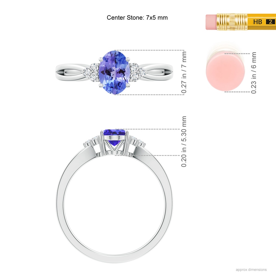 7x5mm AA Oval Tanzanite Split Shank Ring with Trio Diamonds in White Gold ruler