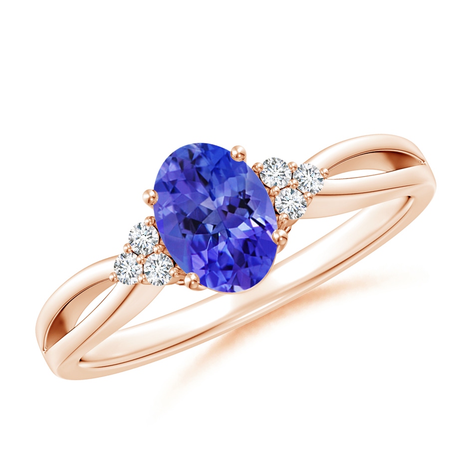 7x5mm AAA Oval Tanzanite Split Shank Ring with Trio Diamonds in Rose Gold 