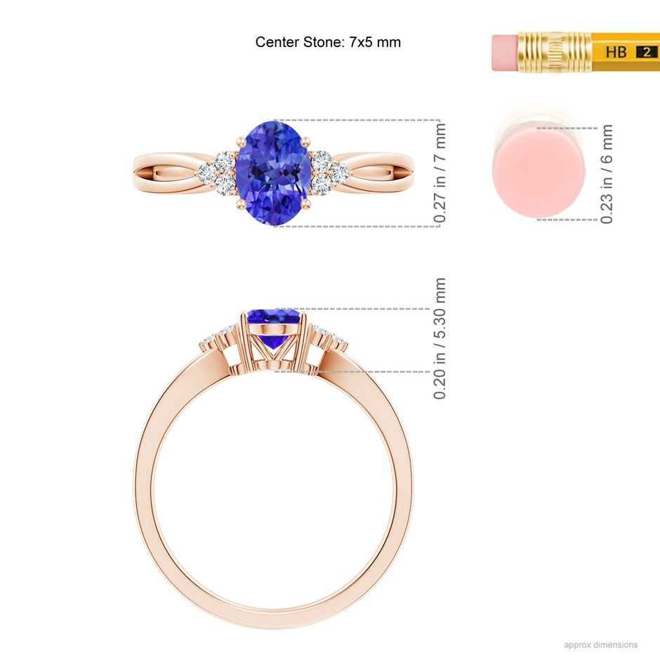 7x5mm AAA Oval Tanzanite Split Shank Ring with Trio Diamonds in Rose Gold ruler