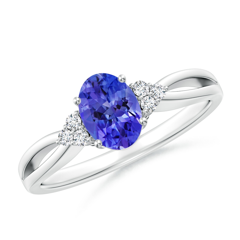 7x5mm AAA Oval Tanzanite Split Shank Ring with Trio Diamonds in White Gold 