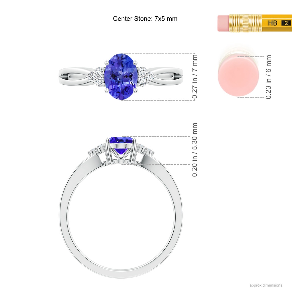 7x5mm AAA Oval Tanzanite Split Shank Ring with Trio Diamonds in White Gold Ruler