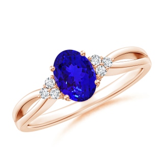 7x5mm AAAA Oval Tanzanite Split Shank Ring with Trio Diamonds in Rose Gold