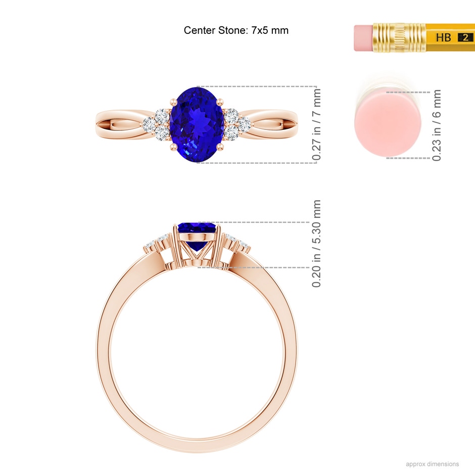 7x5mm AAAA Oval Tanzanite Split Shank Ring with Trio Diamonds in Rose Gold ruler