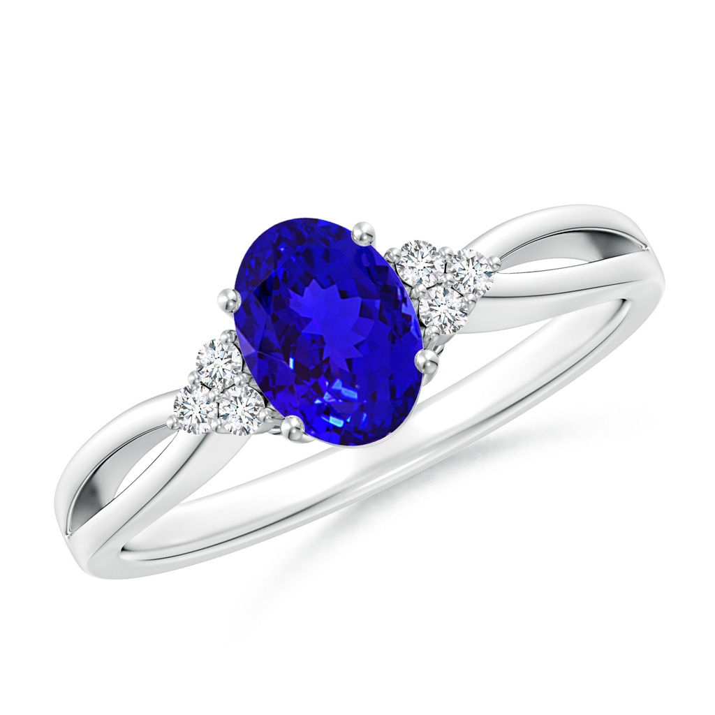 7x5mm AAAA Oval Tanzanite Split Shank Ring with Trio Diamonds in White Gold