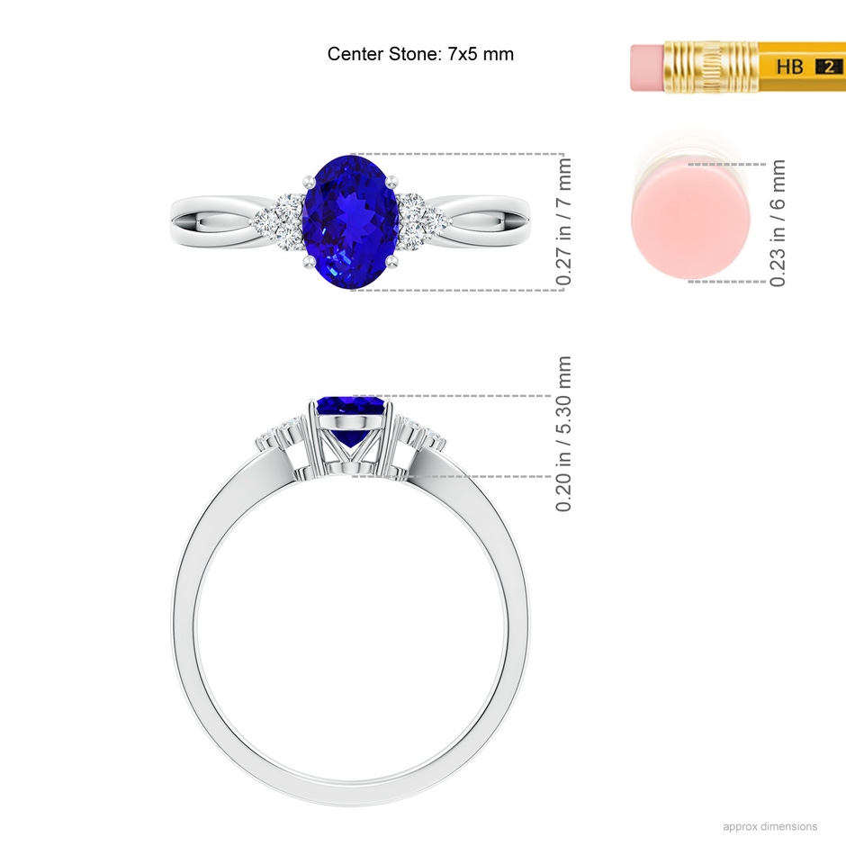 7x5mm AAAA Oval Tanzanite Split Shank Ring with Trio Diamonds in White Gold ruler