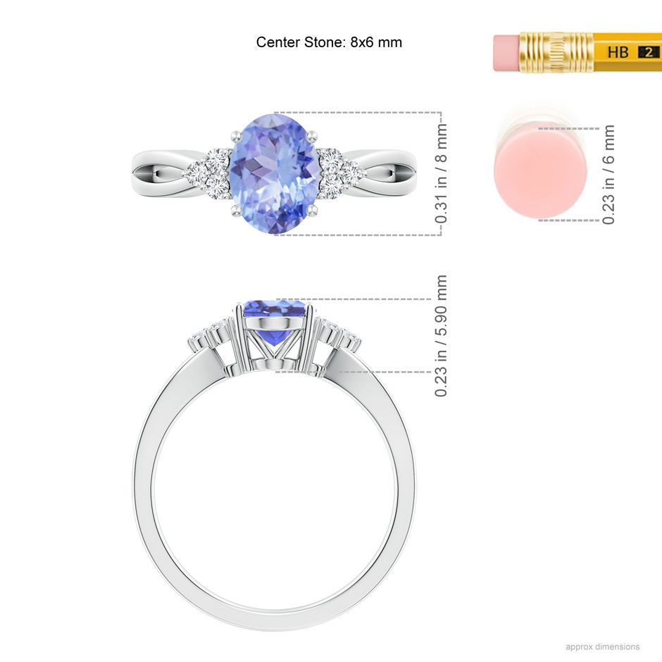 8x6mm A Oval Tanzanite Split Shank Ring with Trio Diamonds in P950 Platinum ruler